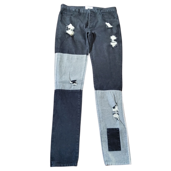 New Black Scale Distressed Patch Slim Straight Leg Jeans Size 34